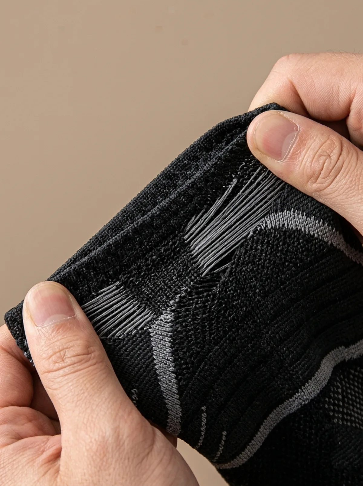 Holding the stretchy knit sleeve