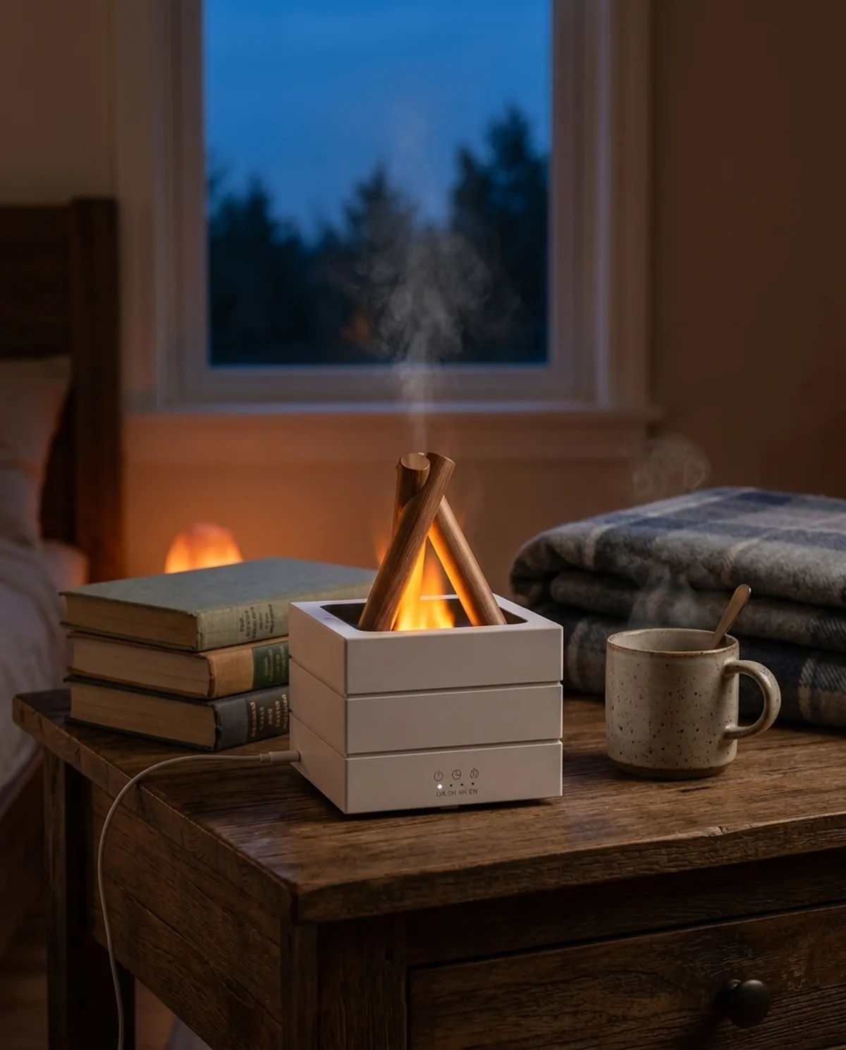 Glowing softly on a nightstand
